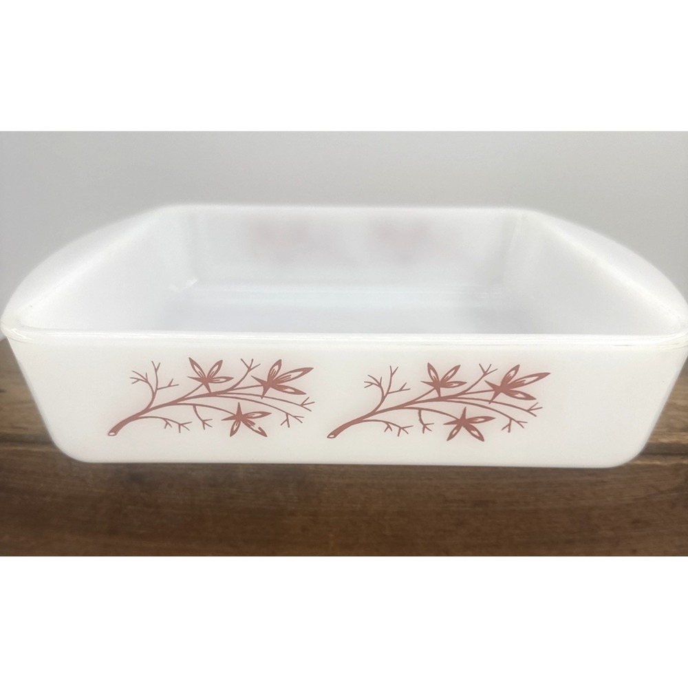 Vintage Glasbake J-247-14 Casserole Dish Tree Branch White Milk Glass Baking